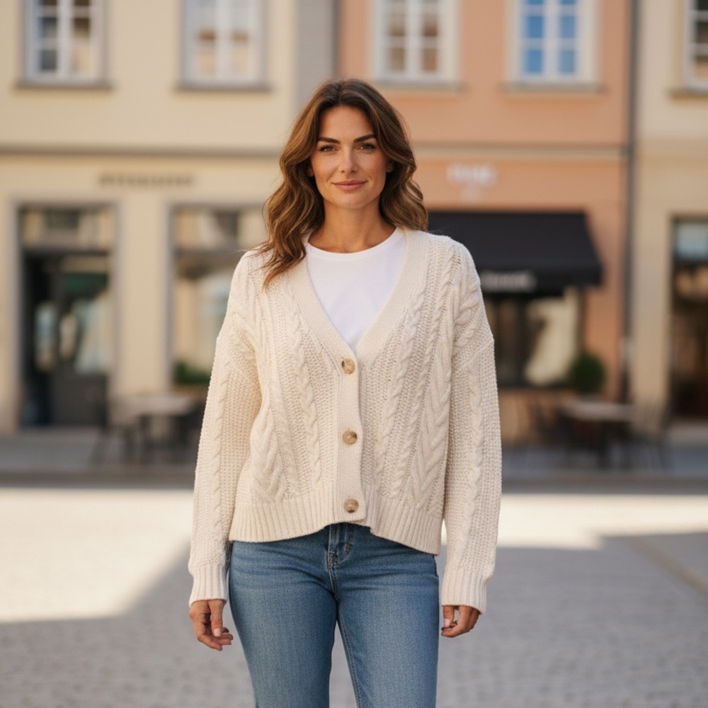 🤍 Pink Rose Cable Knit Sweater – Ivory Cream (Size S)